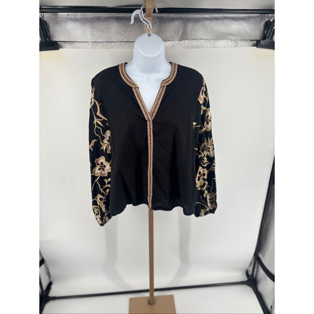 CALYPSO Black Linen Blend Embroidered Floral Long Sleeve Boho Peasant Top M